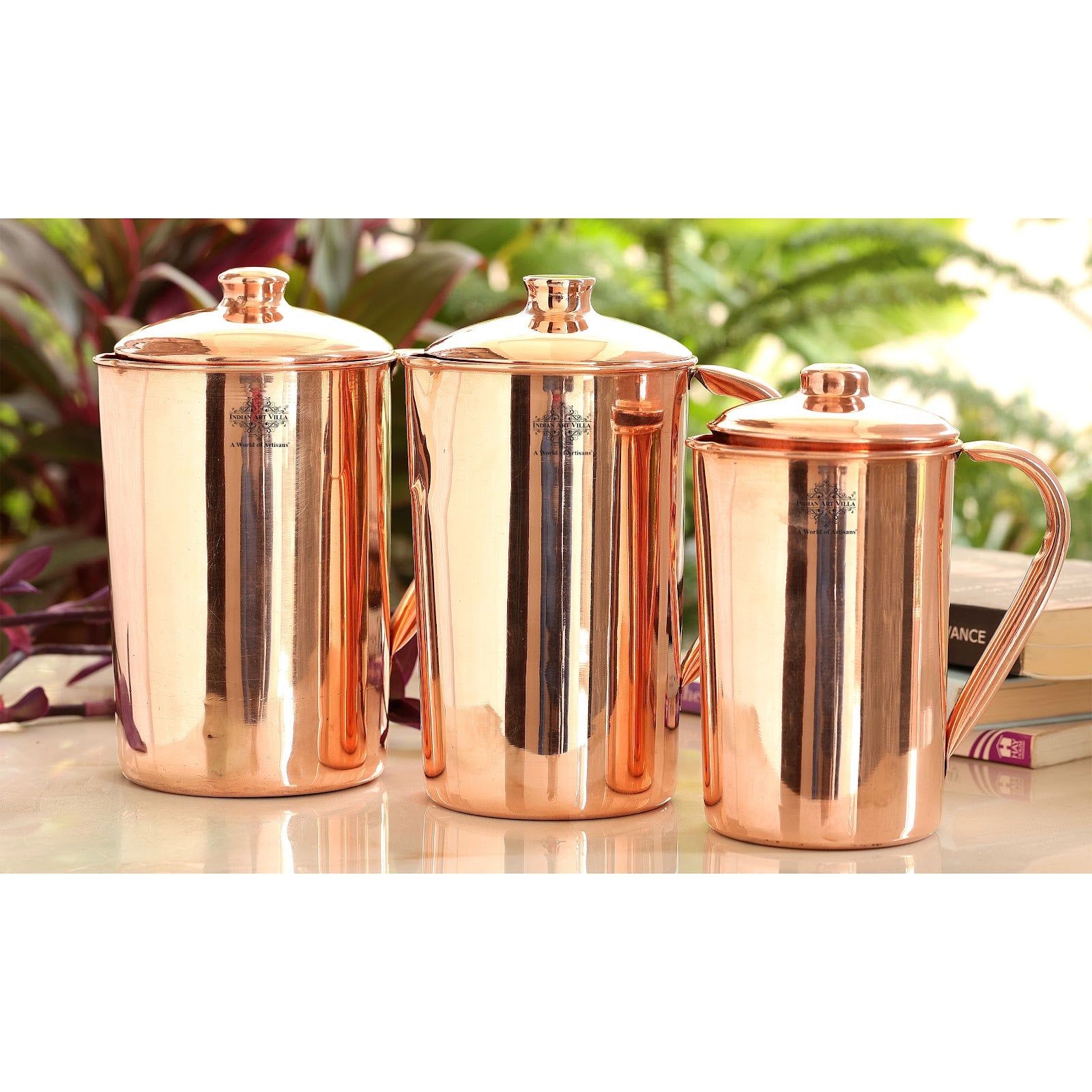 Pure copper plain designer jug with lid plain, 1000 ML